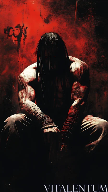 Brooding warrior rests in a storm of red light and shadow