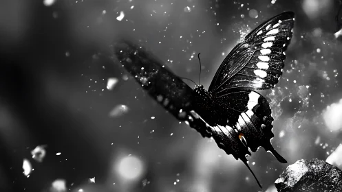Monochrome butterfly in motion with high contrast lighting.
