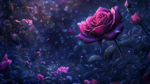Luminescent Rose Garden in Cosmic Purple and Pink Glow.