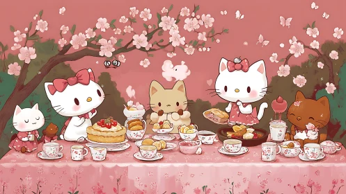 Cartoon cats at outdoor tea table under cherry blossoms.