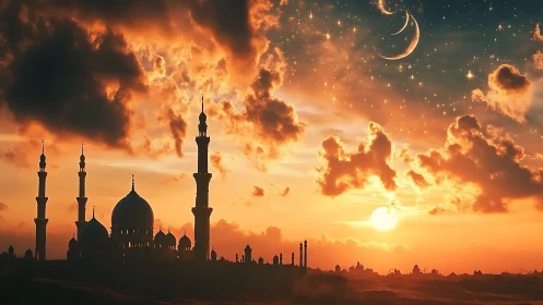 Twin skies converse above a glowing crescent city