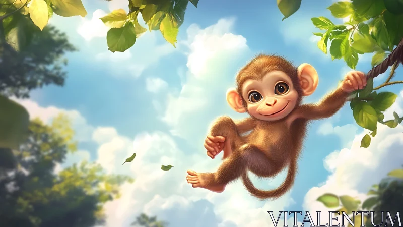 Digital rendering of playful juvenile primate in arboreal swing.