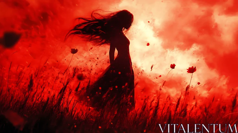 Silhouette woman stands in burning red poppy field storm