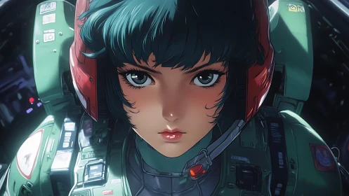 Focused mecha pilot portrait in armored cockpit environment