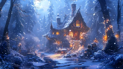 Snow-laden forest cottage with warm interior lantern glow at dusk