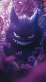 Purple furred creature grins sharply among pink flowers