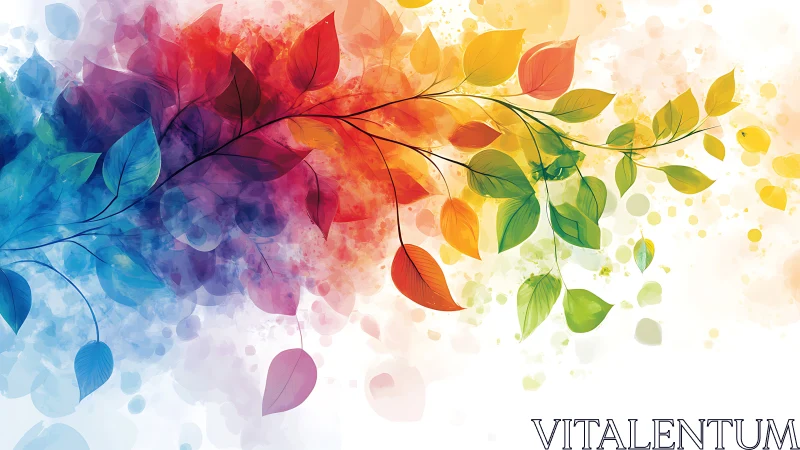 Colorful watercolor leaf branches on white background.