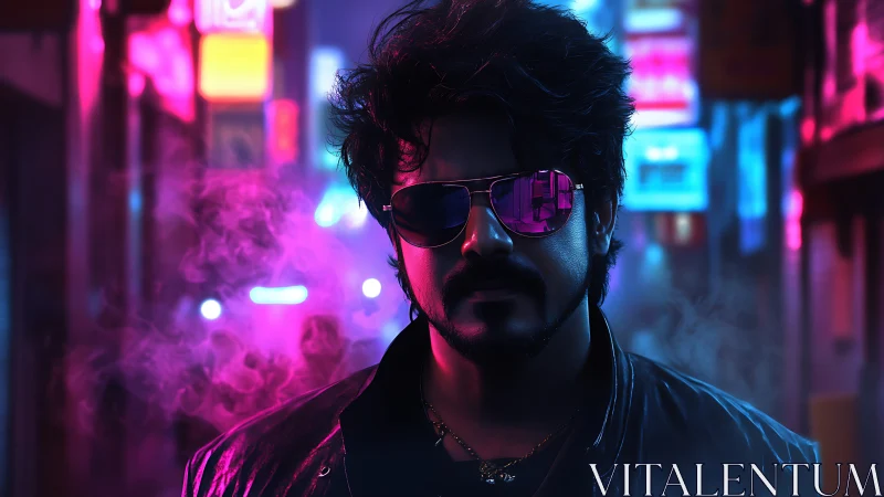 Neon backlit urban portrait with reflective cyberpunk optics.