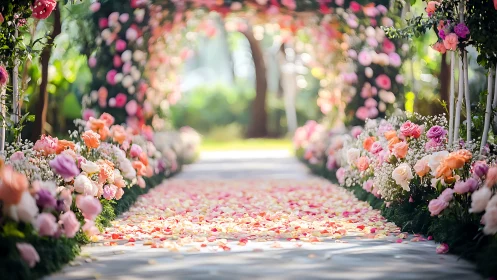 Petal-dusted garden aisle dreaming in soft pastel bloom.