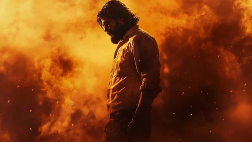 Brooding man stands in fiery orange smoke and sparks.