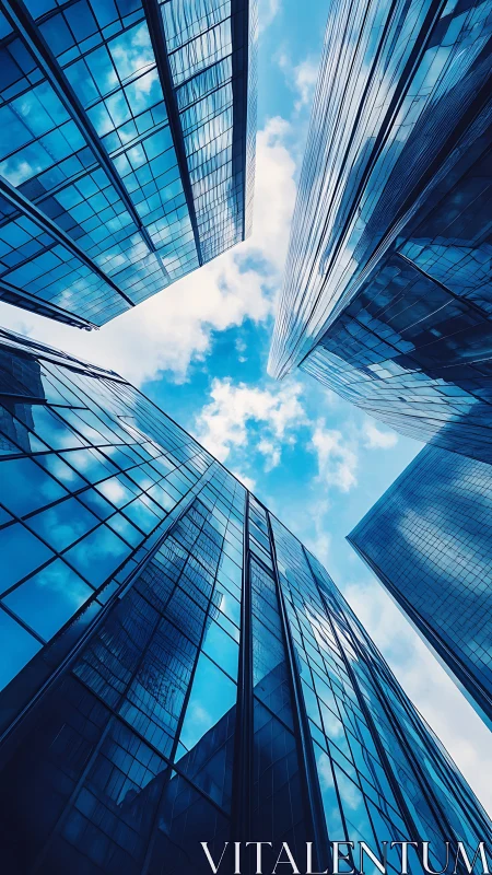 Glass curtain wall skyscrapers converging toward open sky