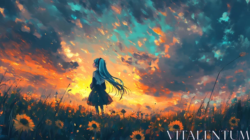 Girl with flowing hair studies blazing sunset over wildfield