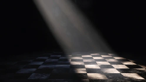 Oblique volumetric spotlight over worn checkerboard floor.