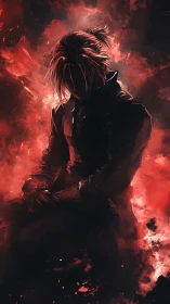 Solitary figure in red and black atmospheric digital scene.