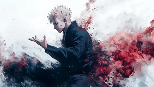 Anime warrior kneels amid swirling red and white energy storm.