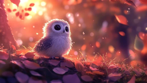 Adorable baby owl in enchanting autumn forest, fantasy style.
