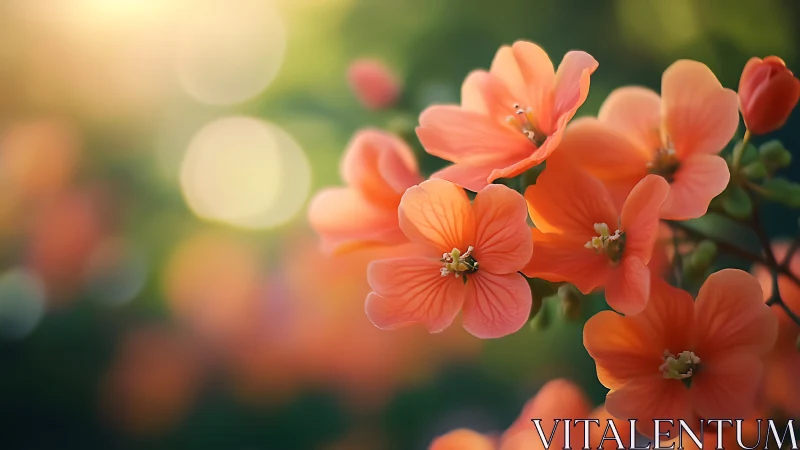 Coral geranium flowers with soft bokeh background.