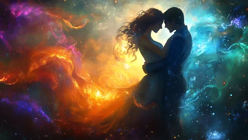 Silhouetted Couple Embrace Within Chromatic Energy Field Gradient