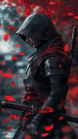 Hooded samurai in dark armor amid falling red leaves.