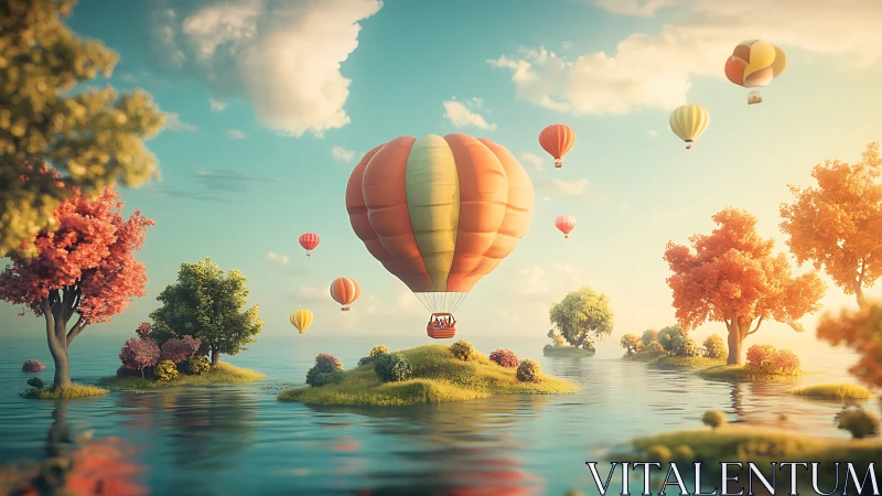 Sunlit hot air balloons over tranquil island lagoon.
