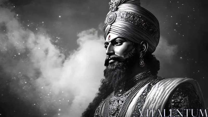 Regal bearded figure in jeweled turban against star field.
