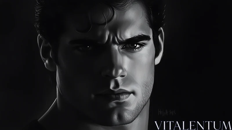 Intense monochrome portrait captures a brooding, focused gaze