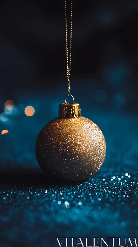 Golden glitter bauble hangs over bokeh-lit blue surface