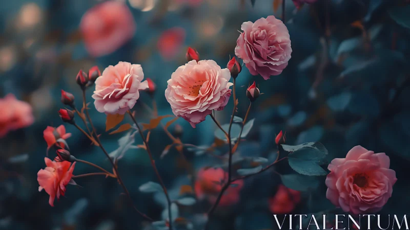 Pink garden roses with deep teal foliage background.