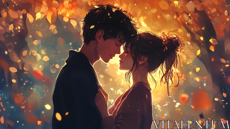 Couple Kiss Under Golden Autumn Leaves