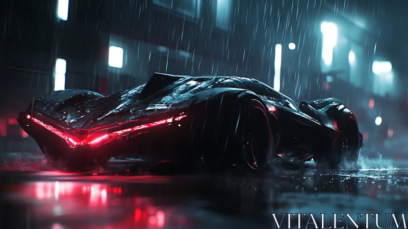 Futuristic black supercar sits in rain on neon city street