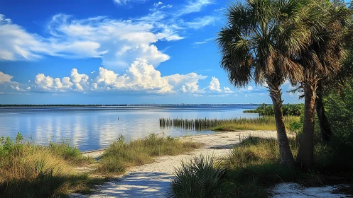 Palm trees frame calm coastal inlet with clouds overhead