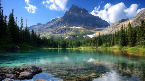 Mountain lake reflects evergreen forest and rugged peak clearly.