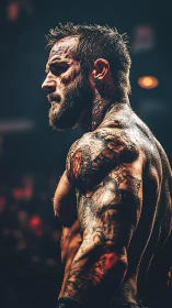 Tattooed fighter pausing in the spotlight, strength and focus.
