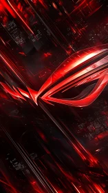 Red metallic emblem intersects layered cyber grid with specular highlights