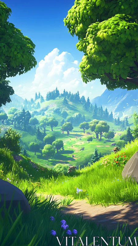 Sunlit valley landscape extends beneath vibrant summer sky