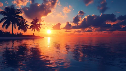 Tropical ocean sunset with vivid sky and palm silhouettes.