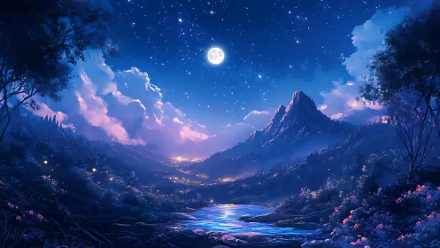 Moonlit mountain valley with glowing river and stars.