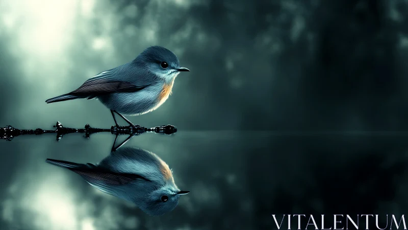 Small Songbird Perched Above Water With Reflection, Moody Style.
