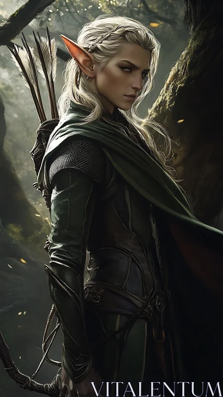 Forest elf archer stands watchfully wrapped in green armor