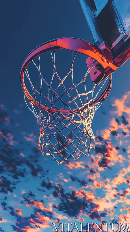 Evening basketball hoop glows warmly against painted clouds