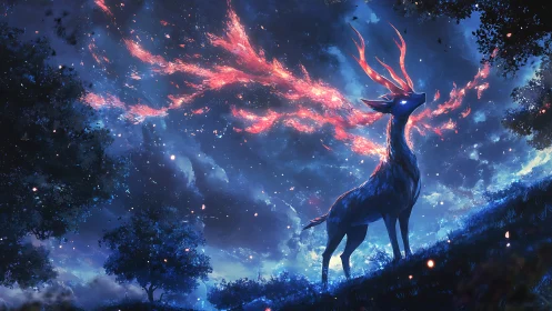 Celestial stag under blazing nebula antlers at night sky.