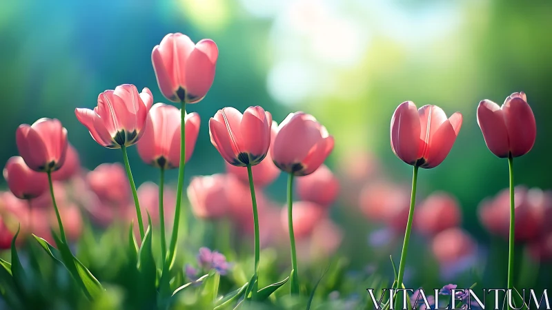 Radiant Pink Tulips in Soft-Focus Garden Setting. Botanical photography capturing vibrant spring blo