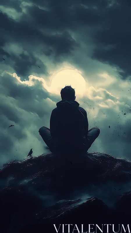 Solitary silhouette before a stormlit lunar horizon.