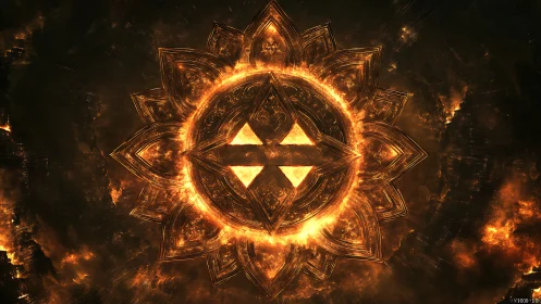 Fiery geometric mandala encircling glowing triangular core.
