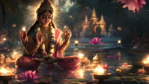 Divine four-armed goddess meditating on lotus-lit ceremonial water