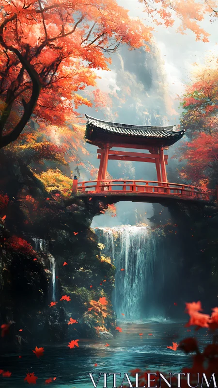 Scarlet bridge serenades a misty waterfall in autumn hush
