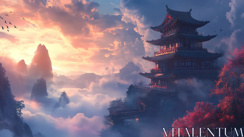 Sunrise temple above misty mountains and crimson forest.