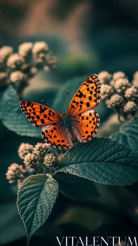 Orange butterfly on green foliage with soft bokeh background.