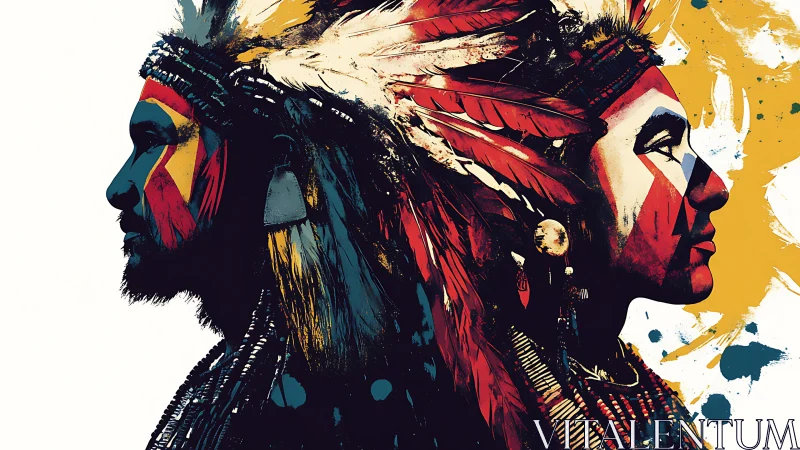 Two opposing tribal portraits in bold feathered headdresses.