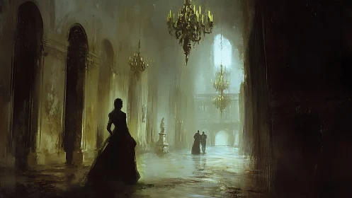 Silhouetted lady crossing a misty chandelier hall at dusk.